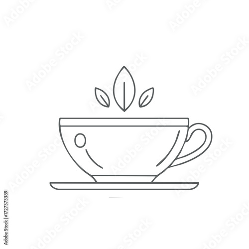 Elegant outline icon of a cup of organic tea with fresh leaves symbolizing a healthy hot drink