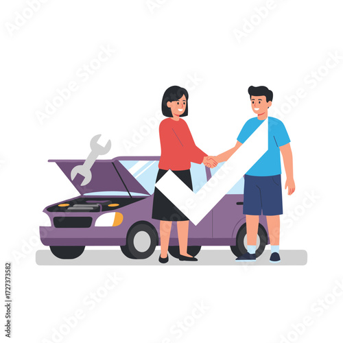 A car driver shakes hands with an insurance agent to claim accident compensation