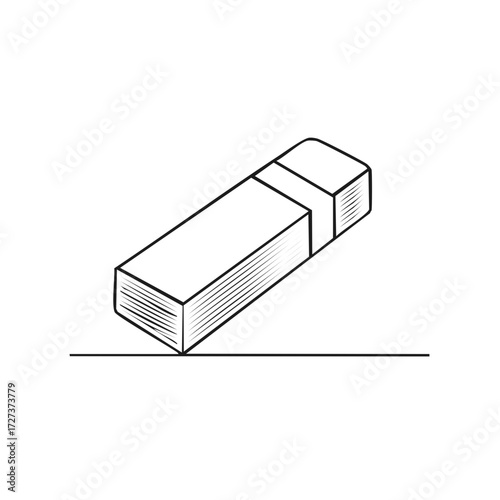 Simple line drawing of a rectangular eraser with a layered appearance on a horizontal line