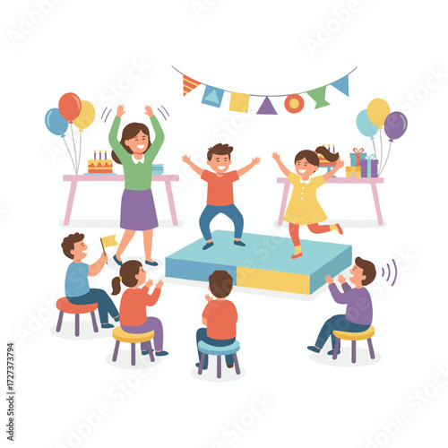 A charming boy and girl perform before their classmates and friends