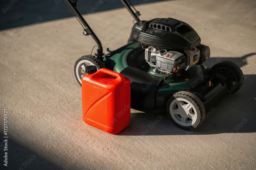Fototapeta premium Bright red fuel can rests beside metallic lawnmower on clean concrete