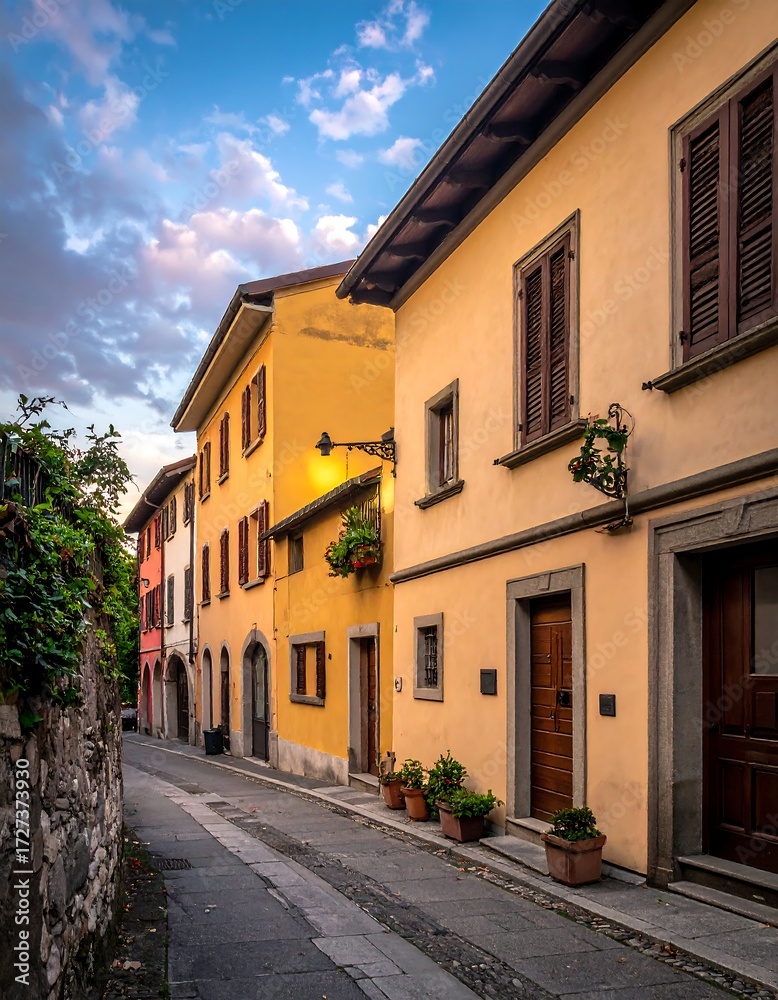 Fototapeta premium Narrow, cobblestone street lined with tall, yellow buildings, dusk