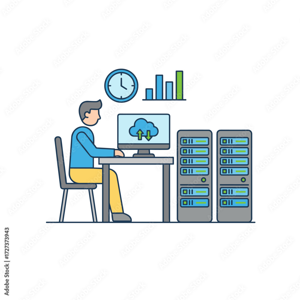 Fototapeta premium A flat vector illustration of a database developer character, suitable for web banners, infographics, and hero images, presented on a white background