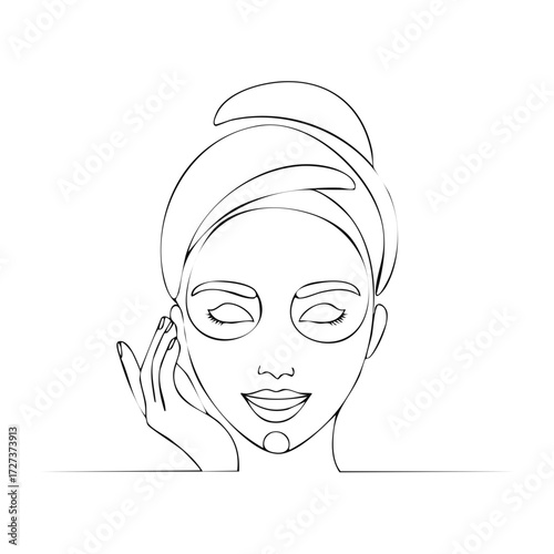 Woman applying skincare outline illustration towel headband beauty treatment