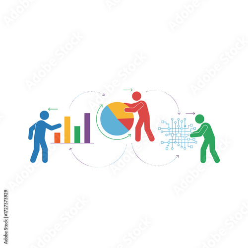The team members examine diagrams and graphics, bringing expertise in data analysis, business statistics, management, consulting, and marketing