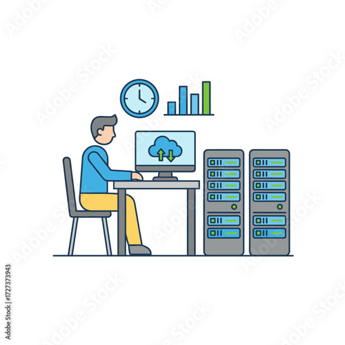 A flat vector illustration of a database developer character, suitable for web banners, infographics, and hero images, presented on a white background