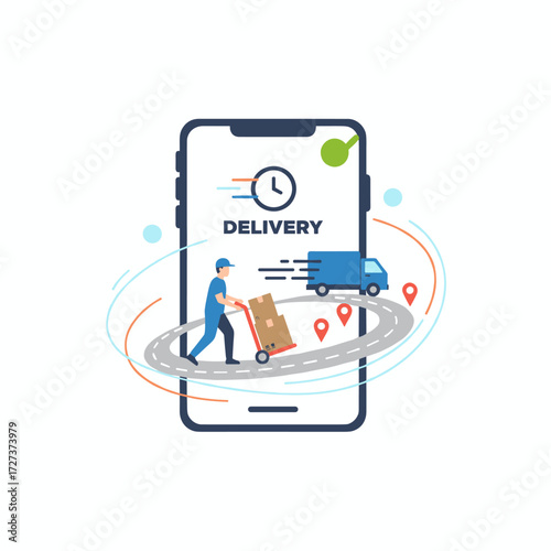 Conceptual illustration of delivery logistics, depicting a smartphone screen and a parcel-loaded delivery truck