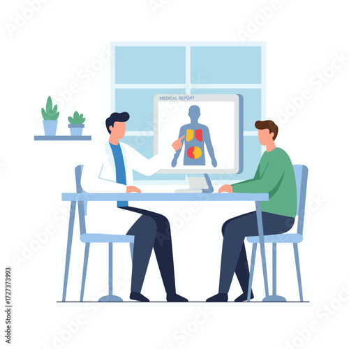 A female patient converses with a male primary care physician in a hospital office during a clinic appointment, discussing her checkup results