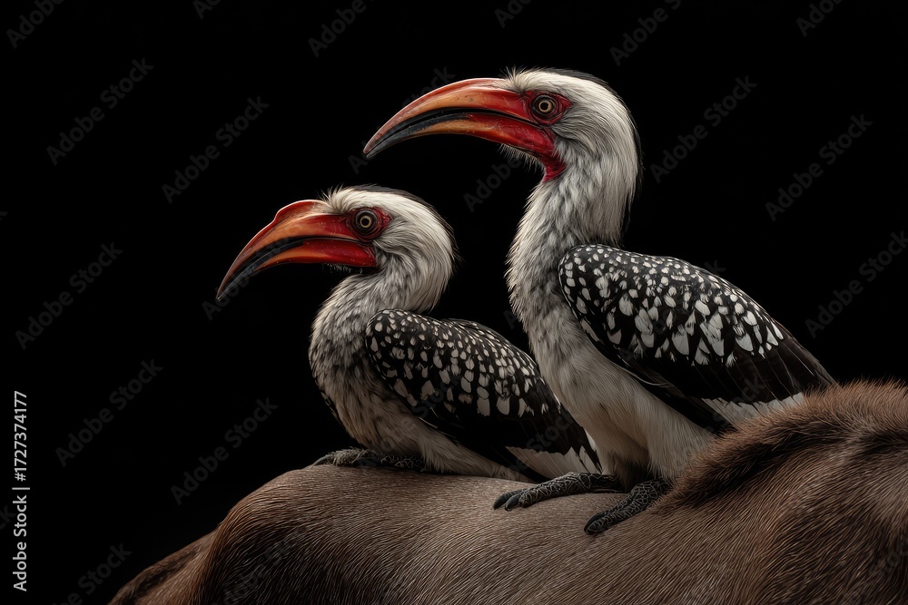 Fototapeta premium Two red-billed hornbills perched on a large animal