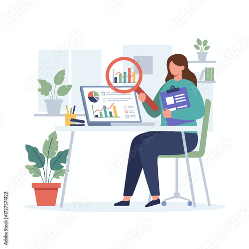 Character-based SEO analysis concept suitable for web banners, infographics, and hero images, presented as a flat vector illustration on a white background