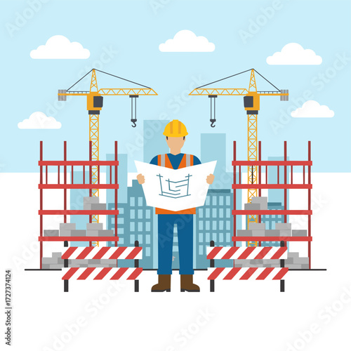 Design a distinctive illustration for a website, app, or presentation featuring a construction worker examining a blueprint or paper