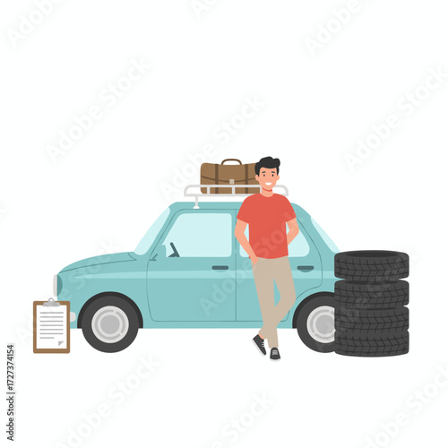 A confident businessman leans on his car in a vector illustration, illustrating a car insurance concept