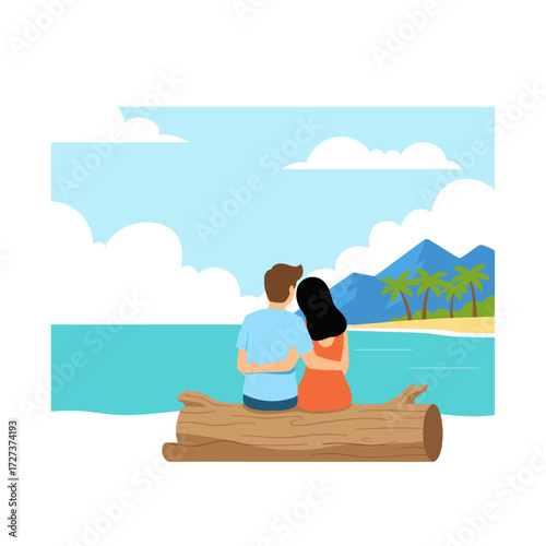 A vector illustration of a couple enjoying the beach, presented as a flat design on a white background