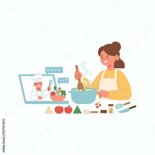 A woman takes a morning cooking class to learn new recipes and techniques