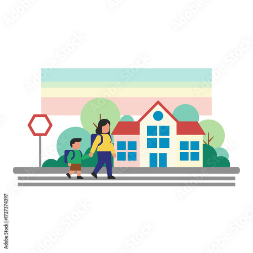 Illustration concept of a mother walking her son to school on a white background