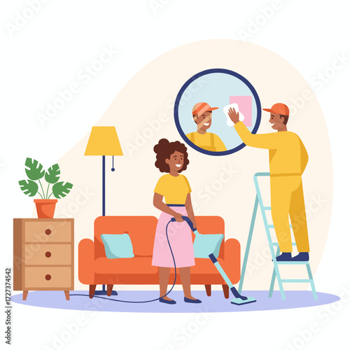 Illustration of a cleaning service concept: a professional cleaning crew using specialized tools to tidy the living room