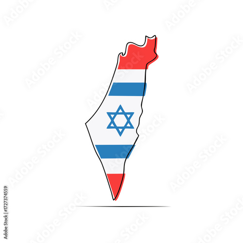 Stylized map of Israel with the Israeli flag pattern and continuous line art design