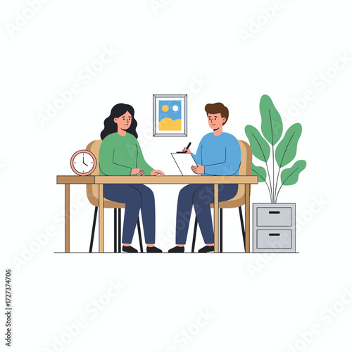 Concept for an employee interview illustration: a flat illustration set against a white background