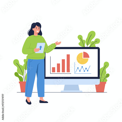 Illustration concept of a girl investing in s, presented as a flat design on a white background