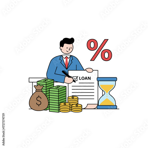 Illustration concept of a man with a loan agreement on a white background