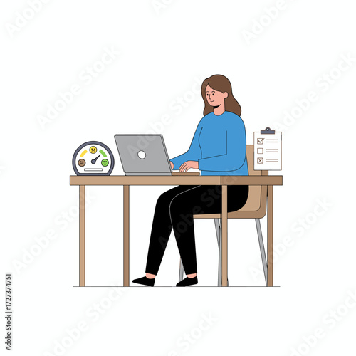 Woman clicks a smiley face emoticon online to rate the service