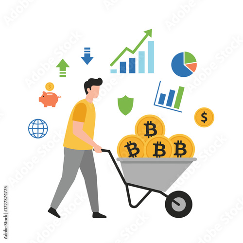 Illustration concept of cryptocurrency mining: a flat illustration set against a white background