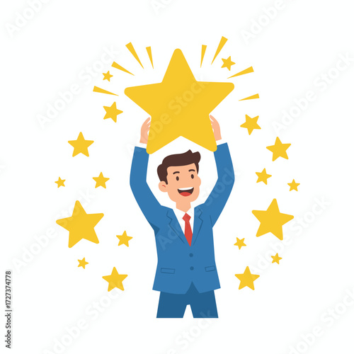 Businessman clutching five gold stars that signify rating, quality, and business concept