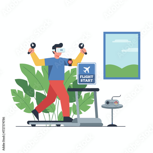 Illustration concept of a man playing VR games on a white background