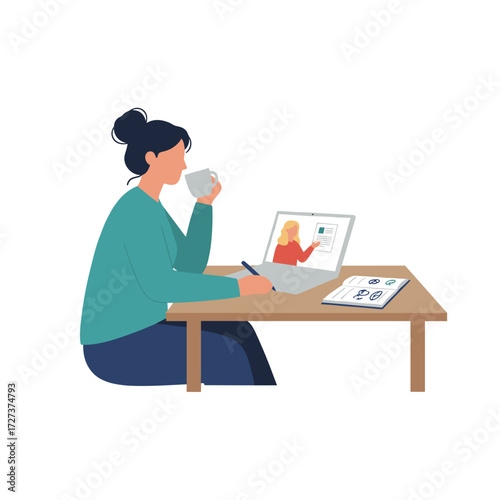 Concept of a female teacher instructing online in vector illustration, presented as a flat illustration set against a white background