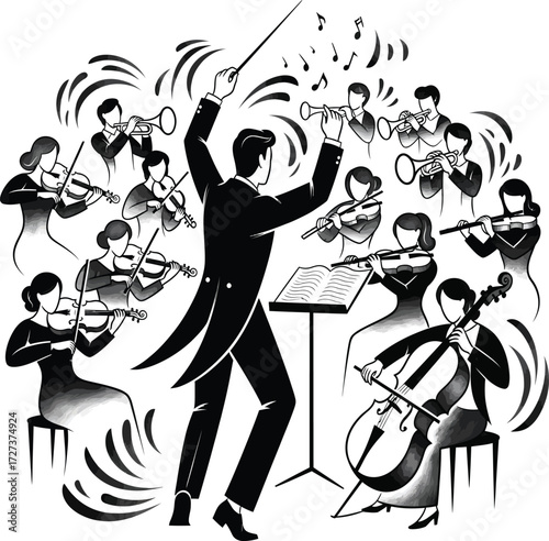 Vector, illustration, music conductor, orchestra, opera, music event