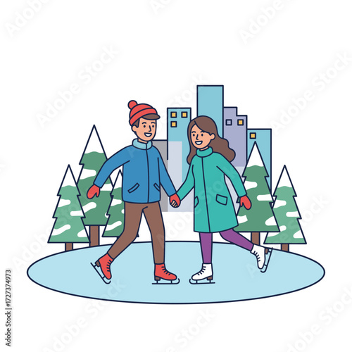 A flat vector illustration of an ice skating character suitable for web banners, mobile apps, and hero images on a white background
