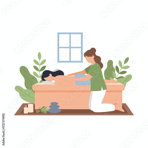 A woman massages a young woman in a beauty salon, focusing on back treatment and relaxation