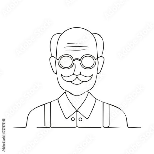 Elderly man character illustration with round glasses mustache and suspenders simple line art