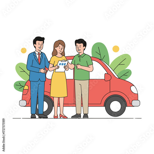Concept of a car dealership illustration: a flat illustration set against a white background