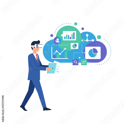 Flat illustration of a VR business analysis concept, isolated on a white background
