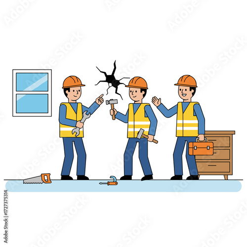 A construction crew installs electrical wiring and fixtures in a newly built house