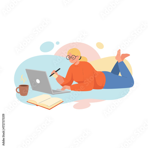She is using a laptop to learn online, suitable for web banners, mobile apps, and hero images; a flat vector illustration on a white background