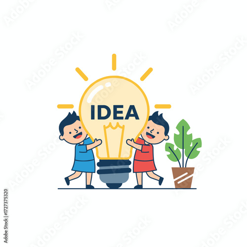 Two men sparked an idea by pointing at a large light bulb
