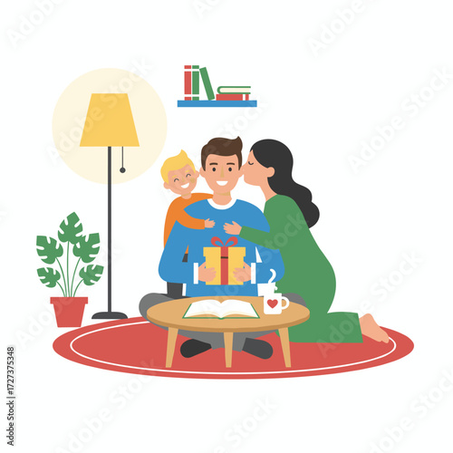 A son and daughter kiss their joyful father's cheeks from both sides, illustrated against a white background