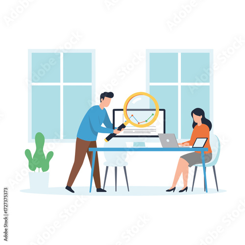 Flat illustration of conceptual web SEO optimization, a stylish landing page for a web agency or a young male employee working on a new company project, with a sticker for a web banner