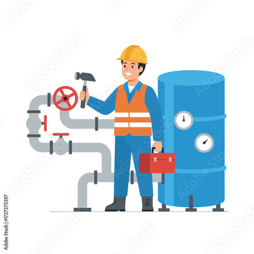 A contractor installs plumbing in a commercial complex