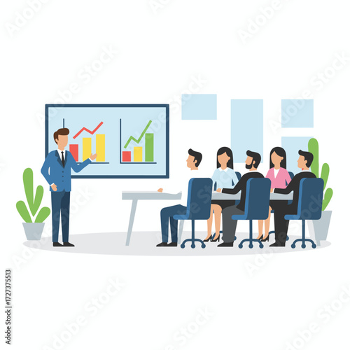 A finance trade manager displays the reports screen while a young business team works on a startup project in a modern office