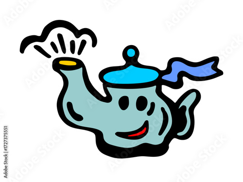 
Vector color illustration of a boiling kettle with lid and face on a white isolated background