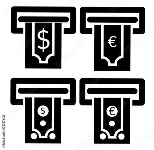 Black vector icon set of ATM with dollar and euro banknotes. Perfect for finance apps, banking websites, fintech projects, money transfer services, and business presentations.