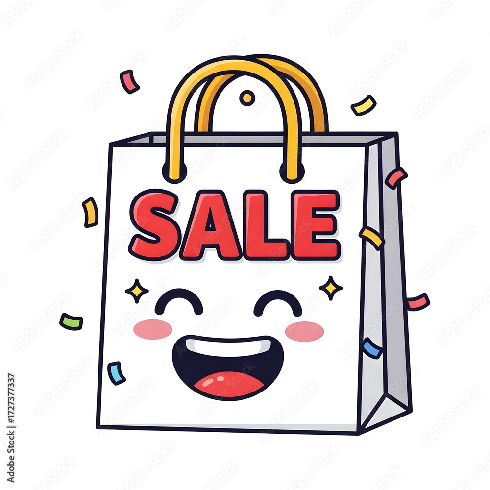 Fototapeta premium Exciting Sale Bag Illustration with Confetti and a Happy Face - Perfect for Promotions and Marketing