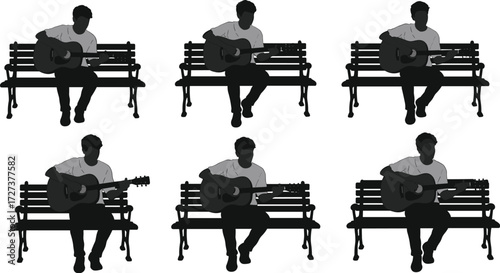 Silhouette illustration of man sitting on bench playing acoustic guitar, relaxing musician artwork, vector design for music, lifestyle, performance themes