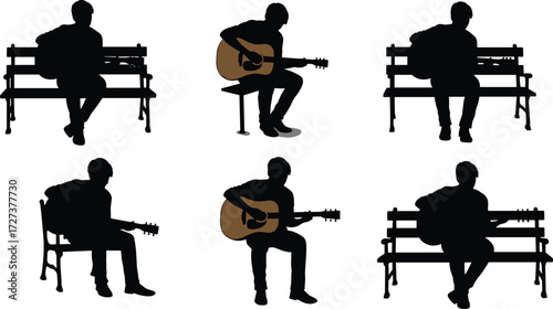 Silhouette illustration of man sitting on bench playing acoustic guitar, relaxing musician artwork, vector design for music, lifestyle, performance themes
