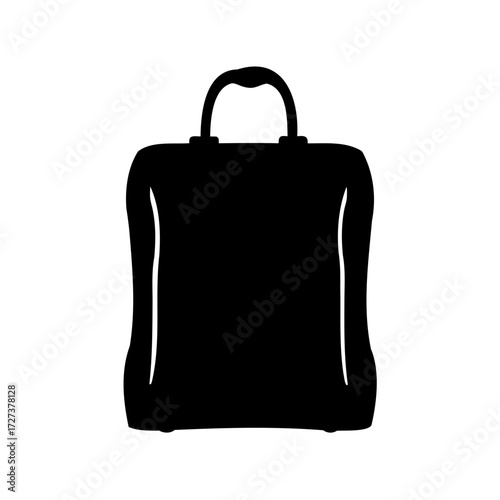 A bold black silhouette of a travel bag with a sturdy handle