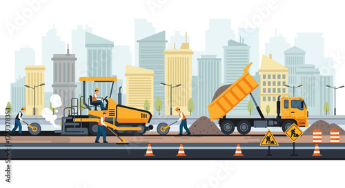 A professional team of builders paving a new asphalt road in a modern city using industrial machinery on a construction site with a cityscape background