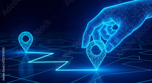Digital Navigation Concept: Hand Guiding Location Pins